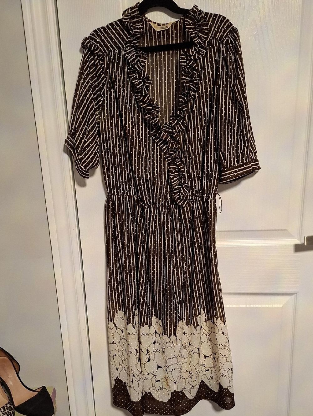 Sears Brown and Cream‎ Ruffle-Trim Midi Dress